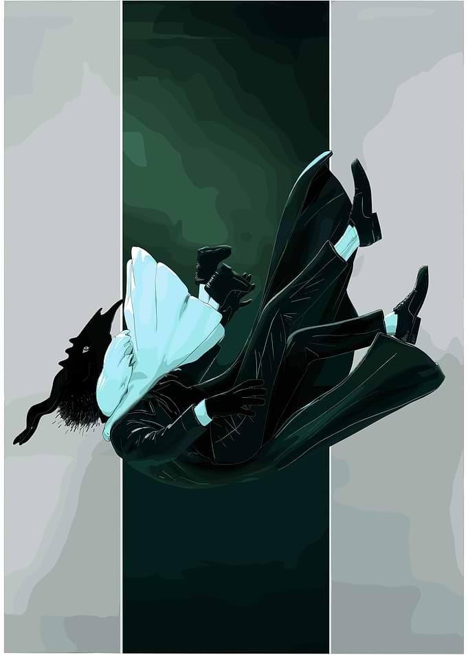 Figure in a flowing coat falling illustration