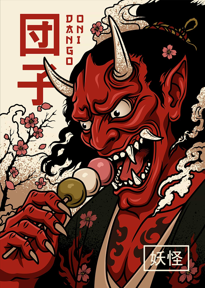 Oni Eating Dango with Cherry Blossoms