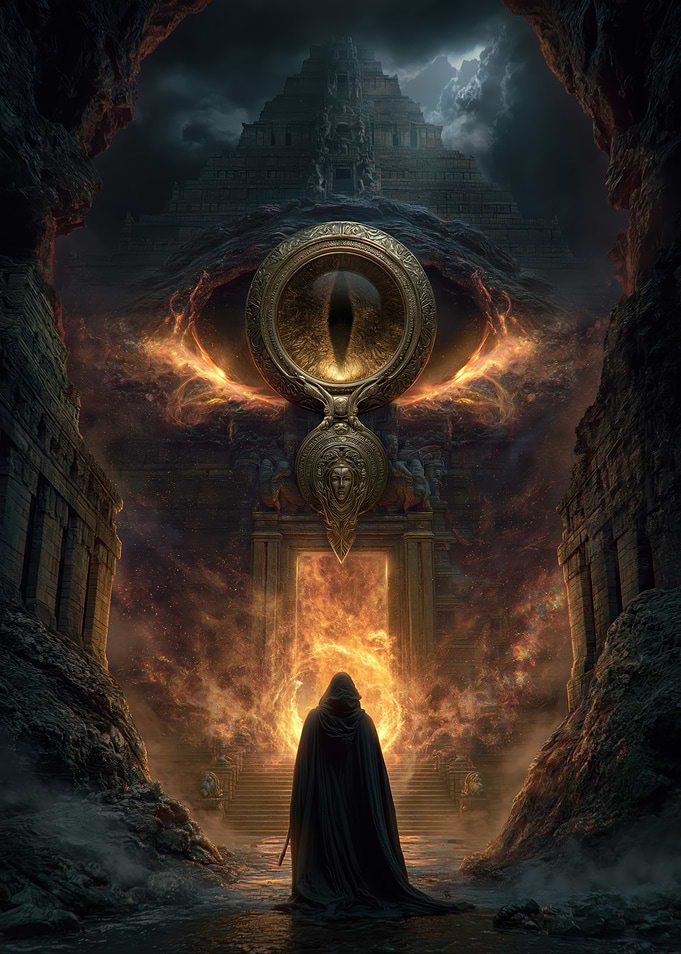 Mysterious Figure Approaches Fiery Portal
