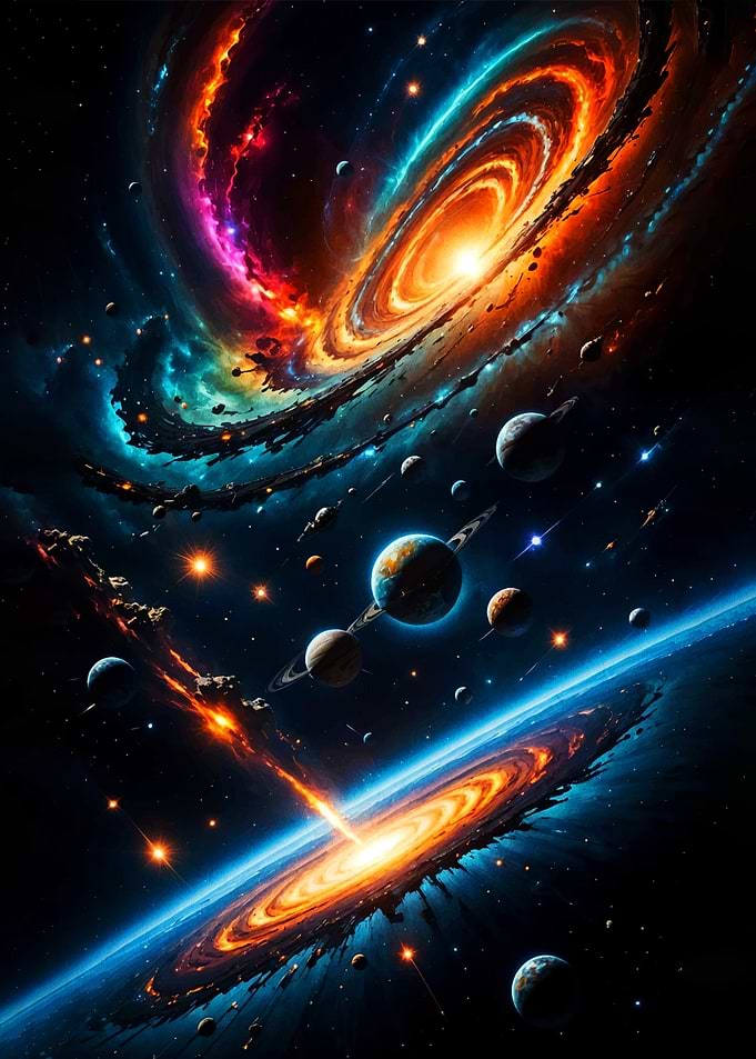 Cosmic Galaxy with Planets and Nebulae