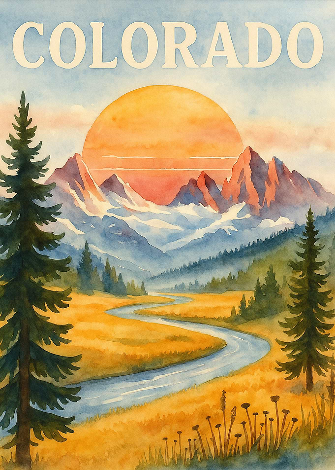 Colorado Sunset Valley – Vintage Watercolor Travel Poster
