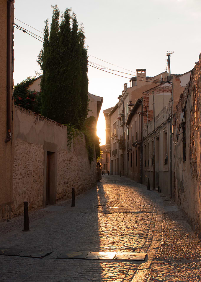 Cobblestone Street at Sunset