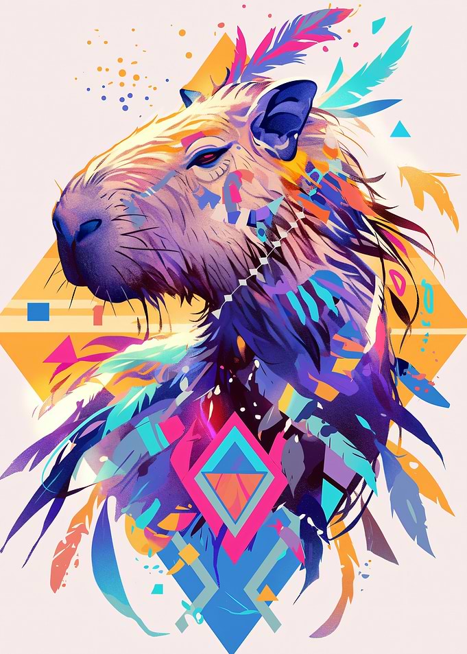 Vibrant Capybara with Feathers and Geometric Patterns