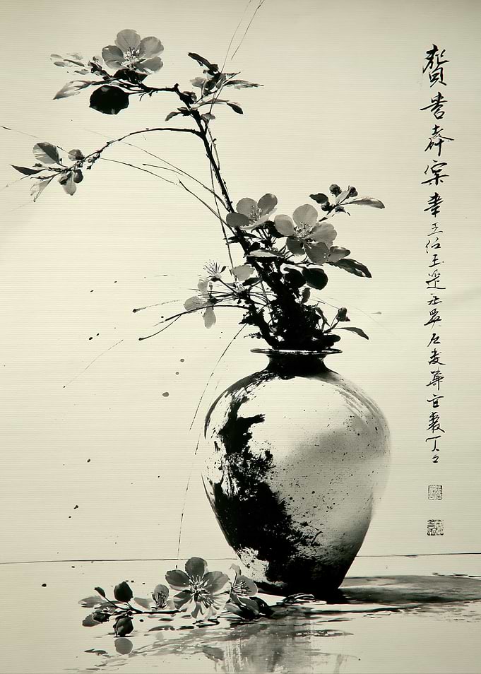 Ink Wash Painting of Cherry Blossoms in a Vase