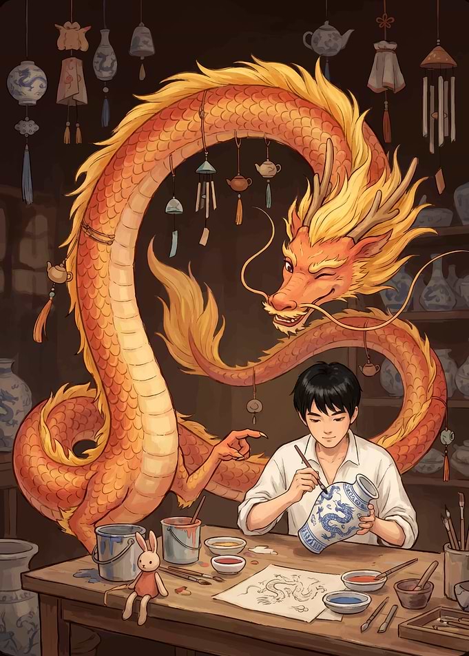 Dragon and Artist Painting Vase