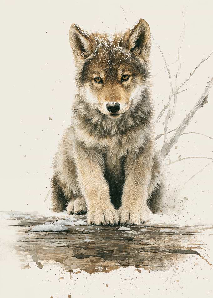Fluffy Wolf Pup Watercolor Painting