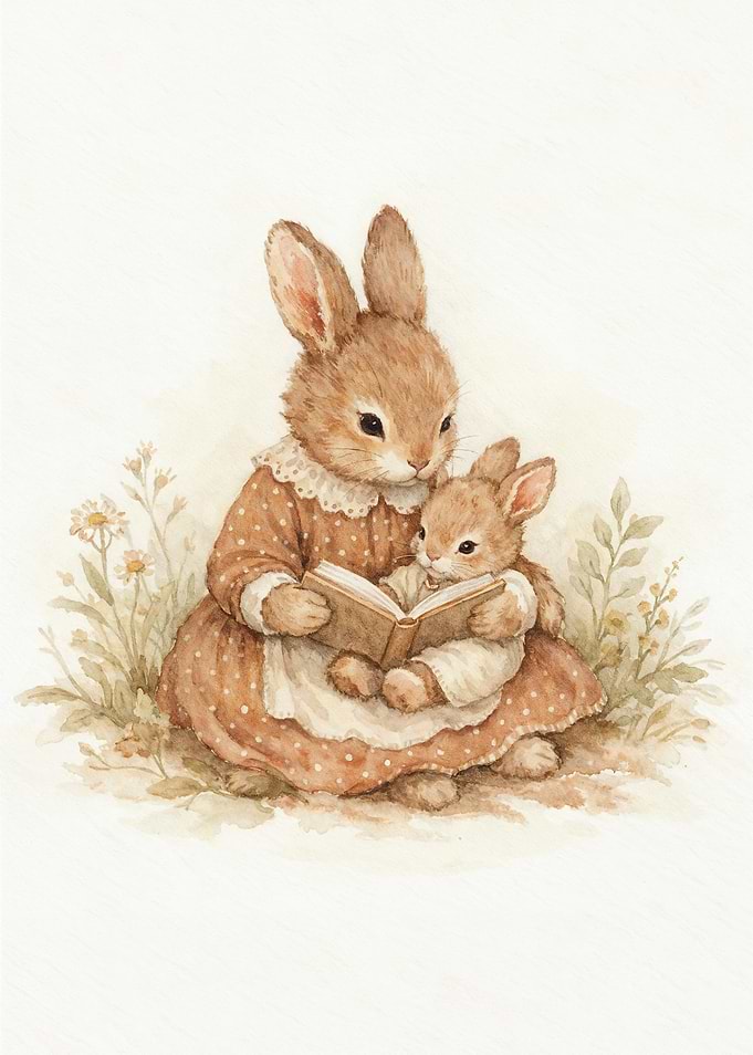 Vintage Mom and Baby Rabbit Reading Nursery