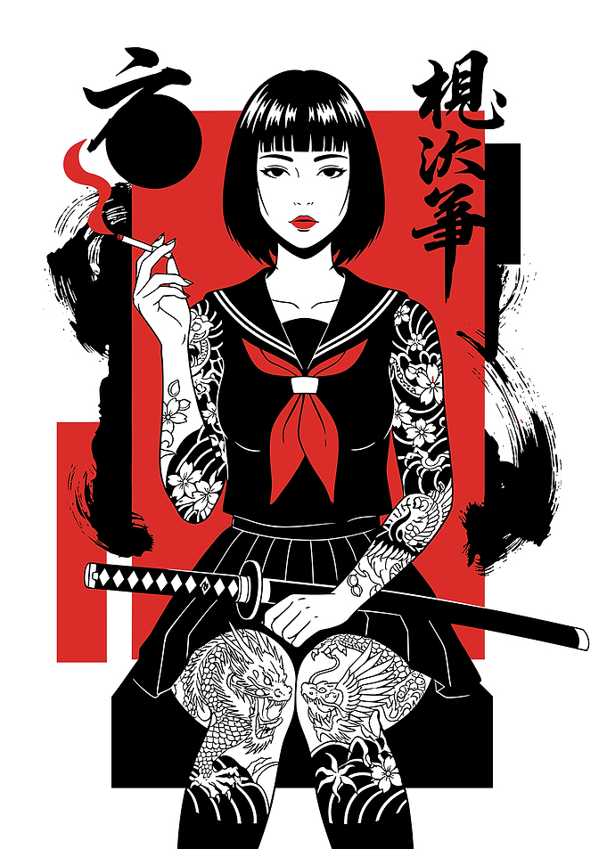 Tattooed Japanese Schoolgirl with Katana