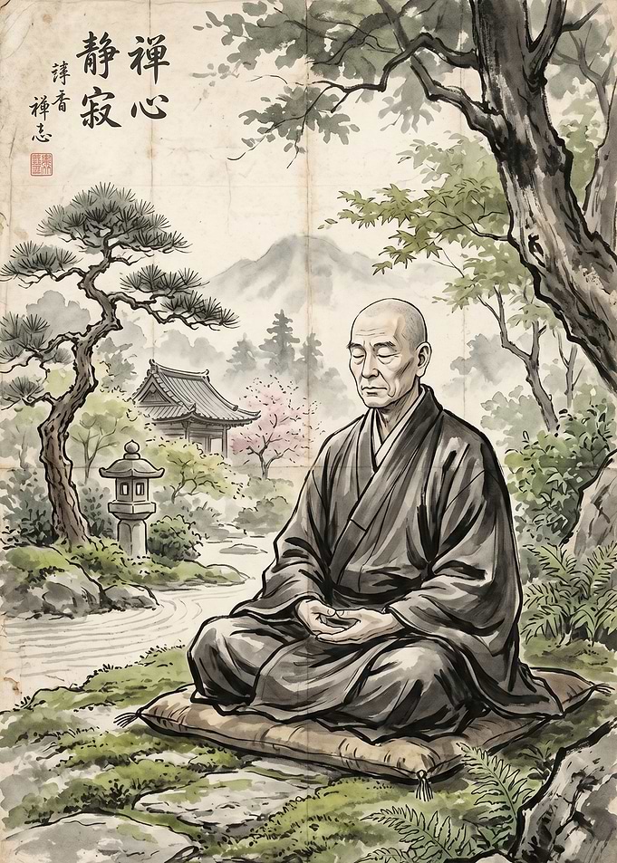 Zen Monk Meditating in Garden