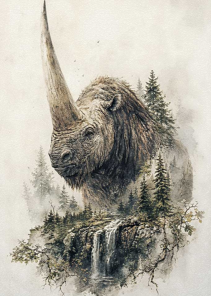 Woolly Rhinoceros in Misty Forest