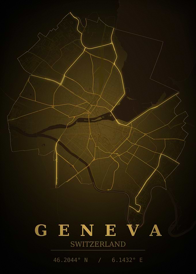 Geneva Gold City Map — Switzerland Night Travel Poster