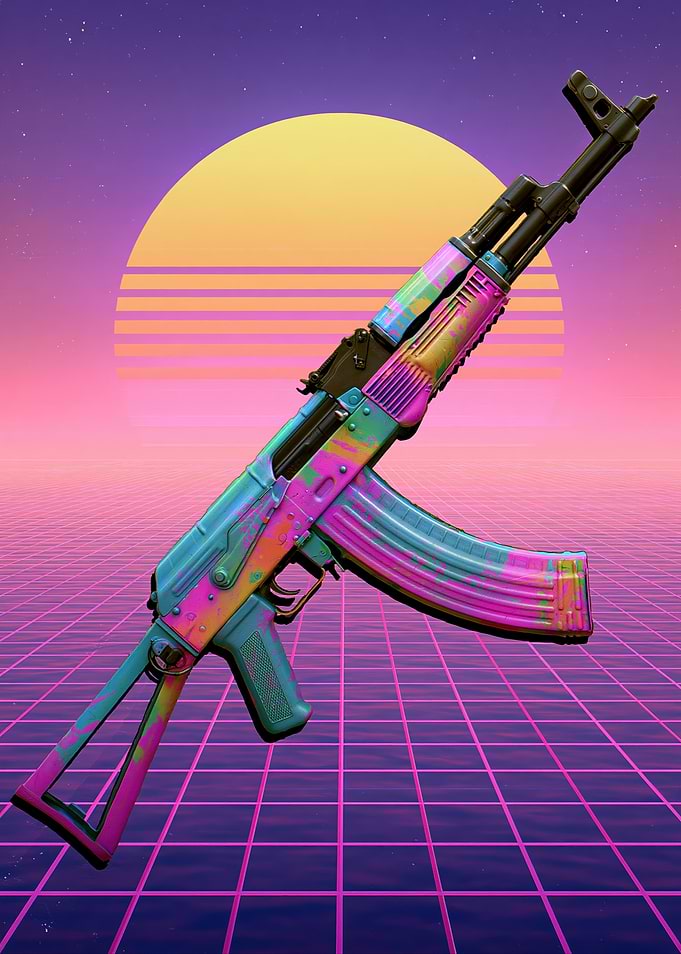 Retro AK-47 with Neon Grid Background