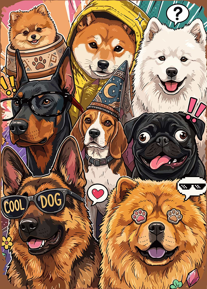 Group of Dogs with Accessories