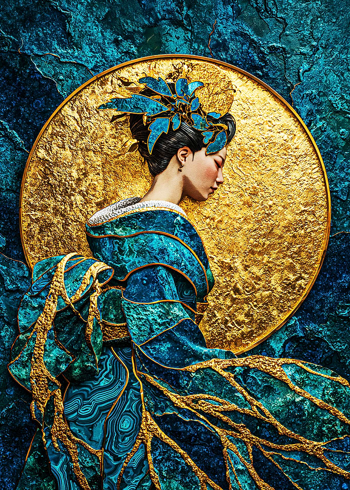 Golden Geisha – Japanese Elegance in Teal & Gold Art