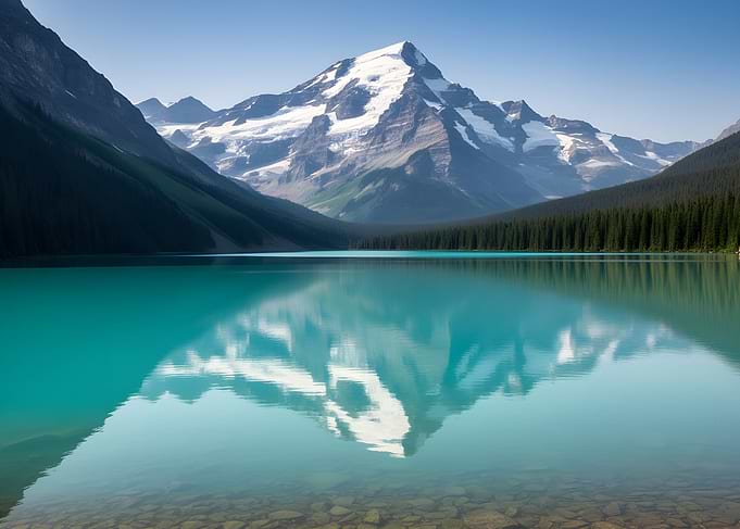 Turquoise Lake Reflecting Snow-Capped Mountains
