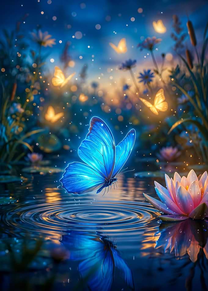 Magical Blue Butterfly Over Water