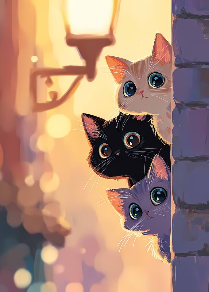 Three Curious Kittens Peeking Around a Corner