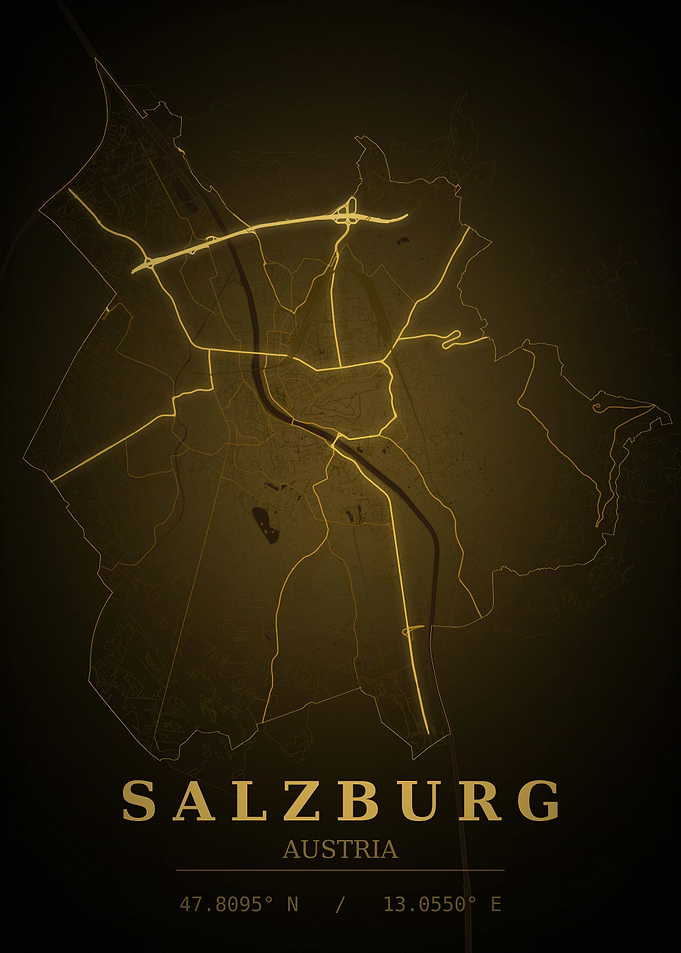 Salzburg Gold City Map — Austria Night Travel Poster