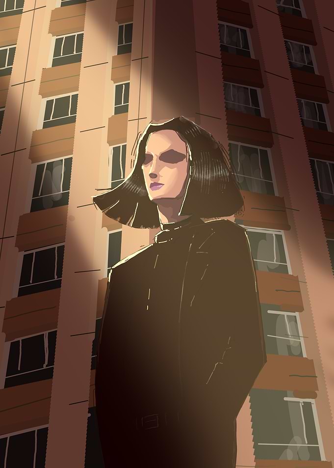 Woman in front of a building