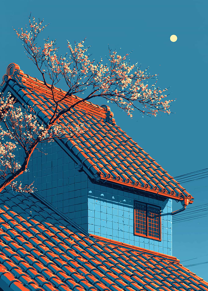 Japanese House with Cherry Blossoms