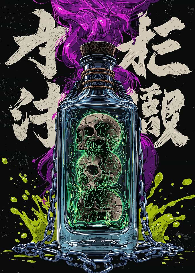 Skulls in a Bottle with Japanese Kanji