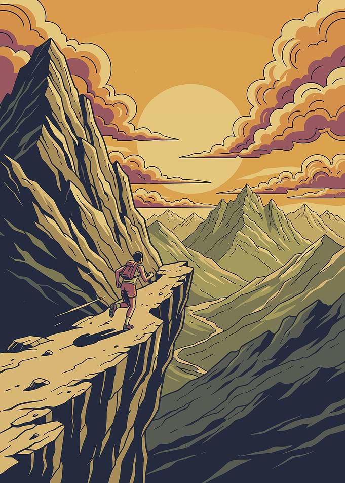 Runner on a mountain cliff at sunset