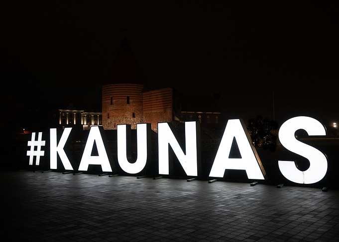 Kaunas Hashtag Sign at Night