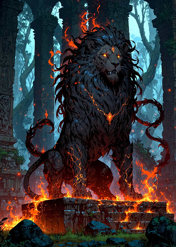 Fiery Black Lion in Ancient Ruins