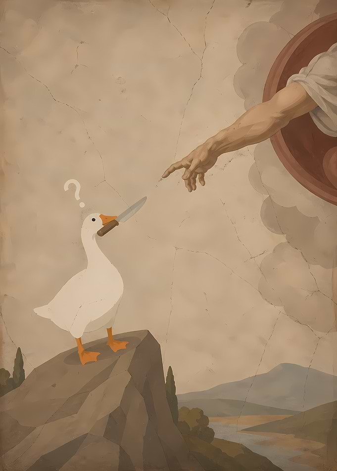 Untitled Goose Game meets The Creation of Adam