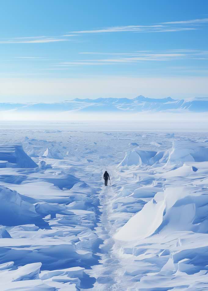 Solo trekker in icy landscape