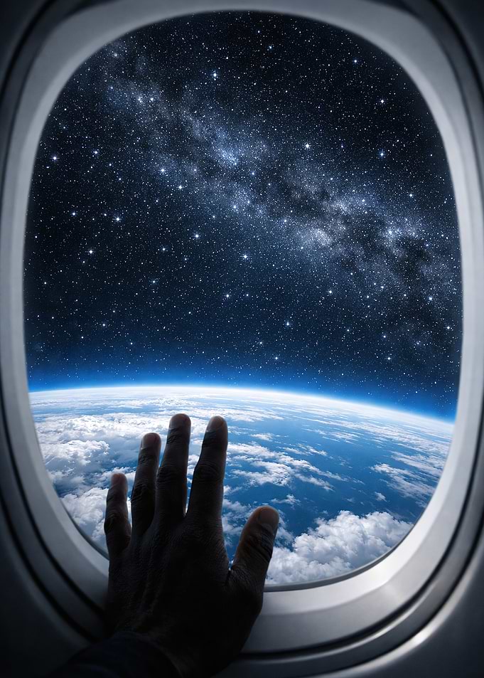 Hand reaching out from airplane window to space