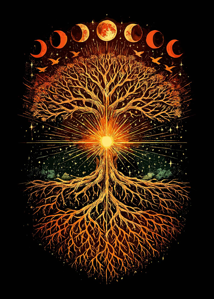 Tree of Life with Moon Phases – Spiritual Celestial Sunburst Wall Art Poster