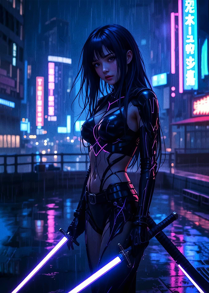 Cyberpunk Samurai Girl with Neon Swords
