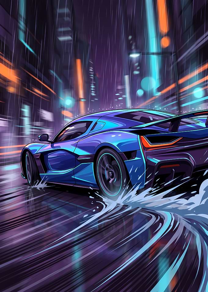 Neon Blue Supercar City Drift