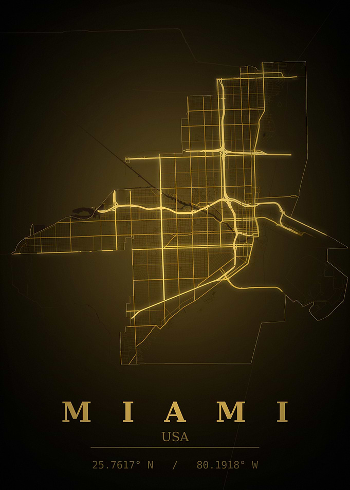 Miami Gold City Map — USA Night Travel Poster