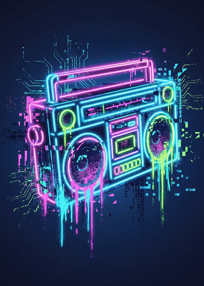 Neon Boombox with Digital Glitch