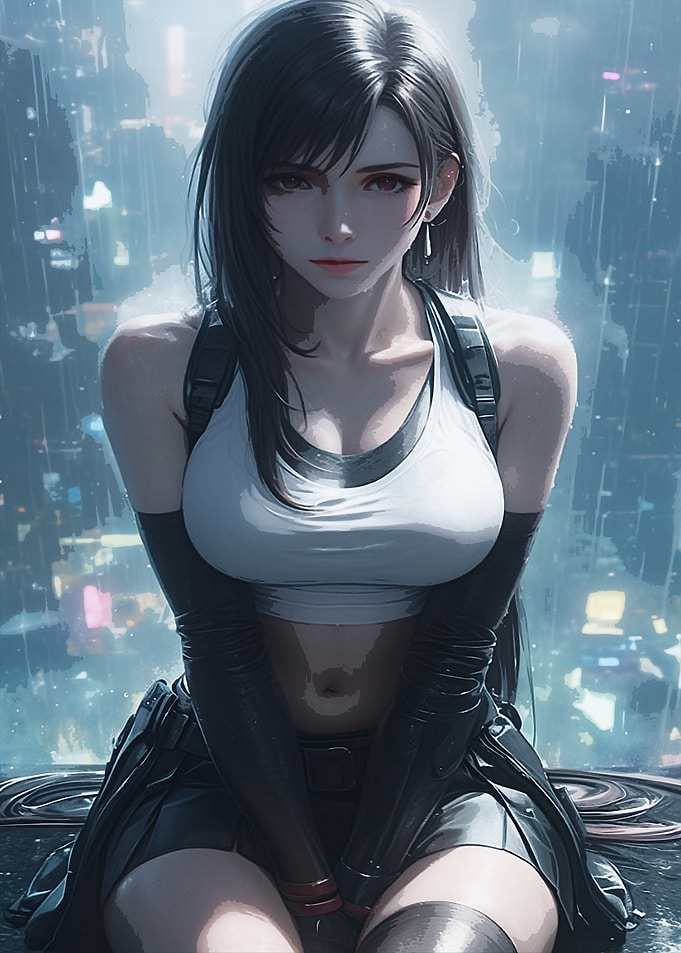 Tifa Lockhart in a Rainy Cityscape