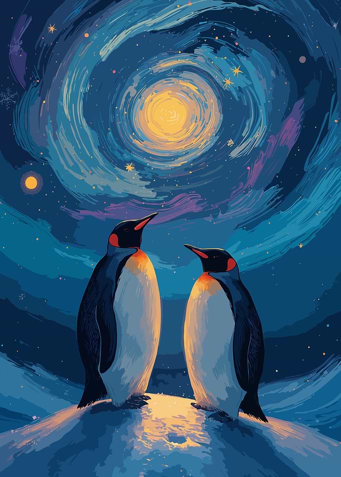 Penguins Under Starry Night