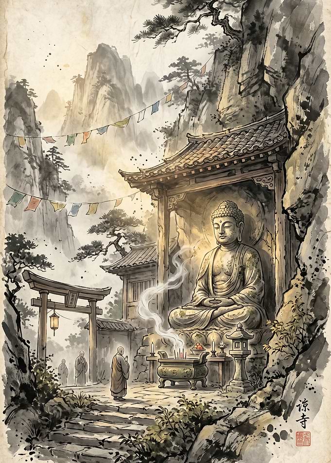 Serene Buddhist Temple Scene