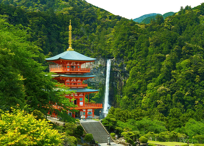 Pagoda and Nachi Waterfall in Wakayama in Lush Greenery