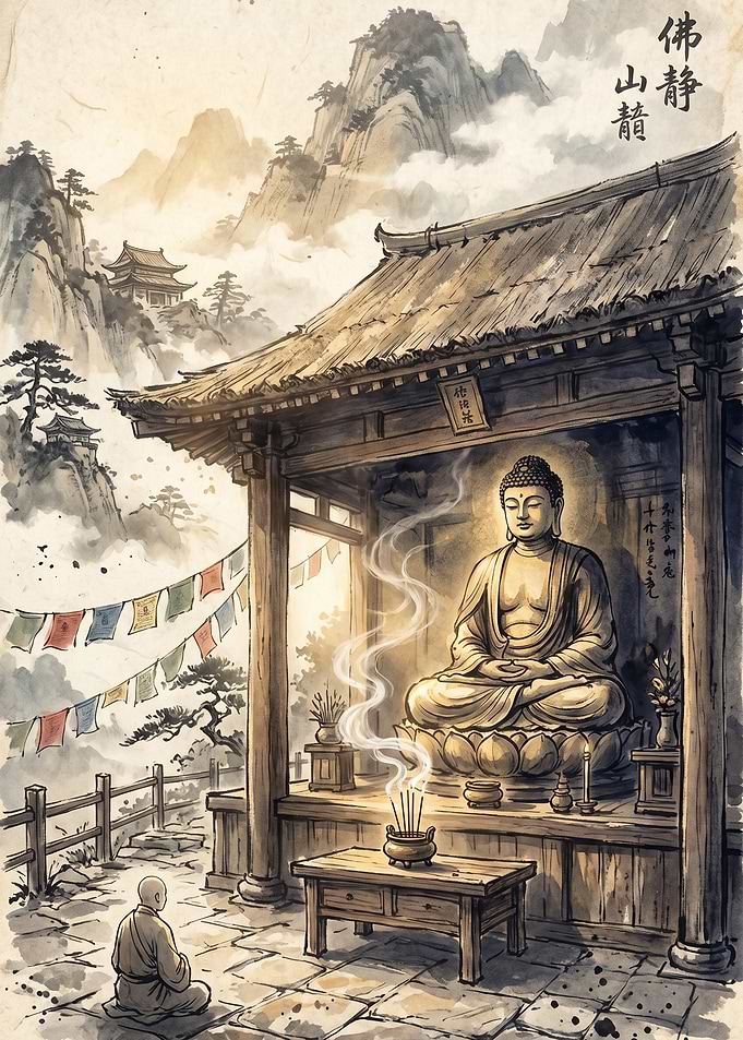 Serene Buddhist Temple in Mountains