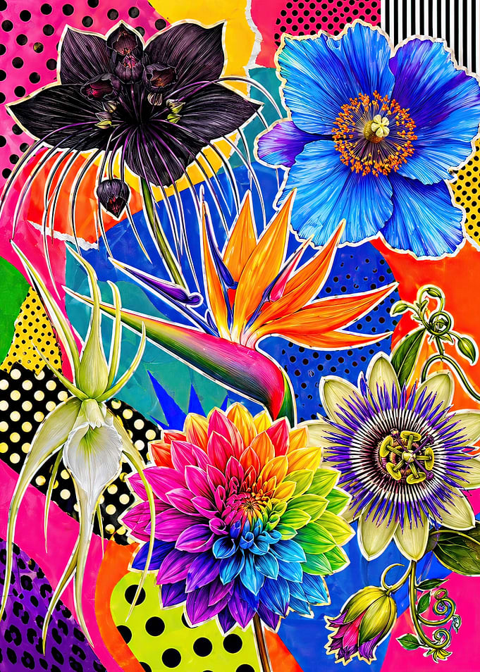 Vibrant Collage of Exotic Flowers and Patterns
