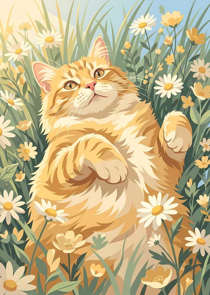 Lazy Orange Cat in Spring Daisies
