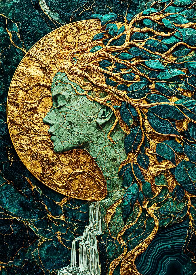 Tree of Life Woman – Gold & Emerald Nature Fusion Portrait
