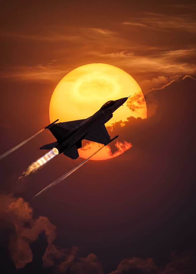 Fighter Jet Flying Towards the Sun