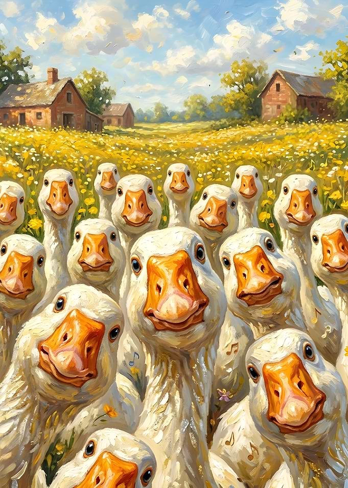 A Flock of Geese in a Field