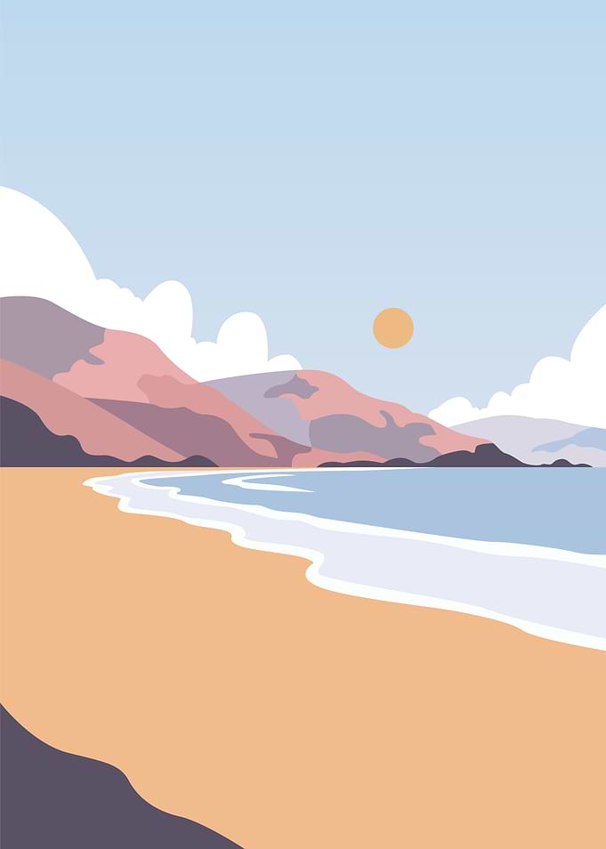 Minimalist Beach Landscape with Mountains