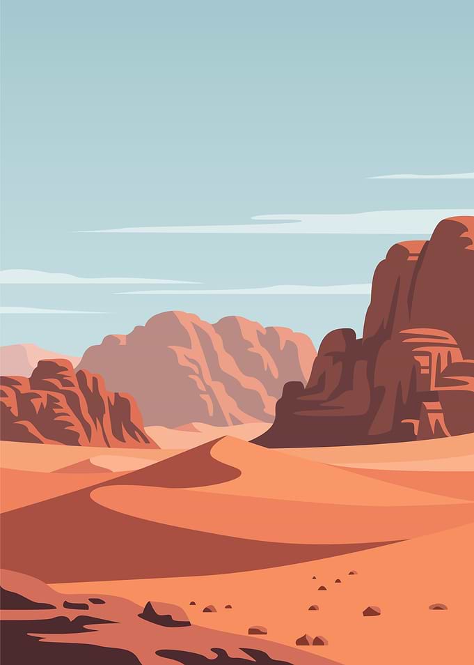 Desert Landscape with Sand Dunes and Mountains