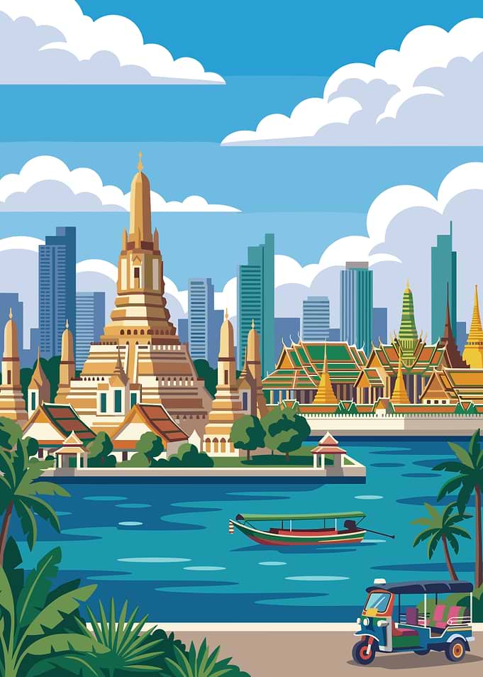 Bangkok Cityscape with Temples and River