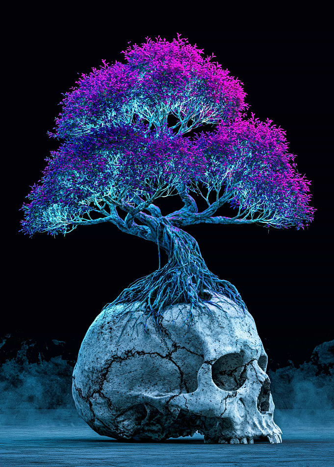 Bonsai Tree Growing from Skull